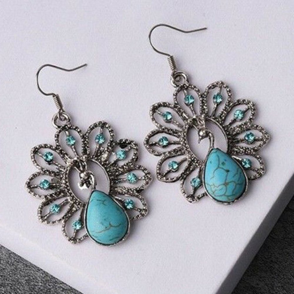Boho Turquoise Rhinestone Peacock Hook Dangle